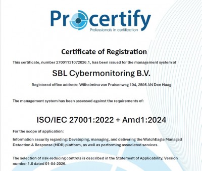 SBL Cyber Monitoring achieves ISO 27001 certification